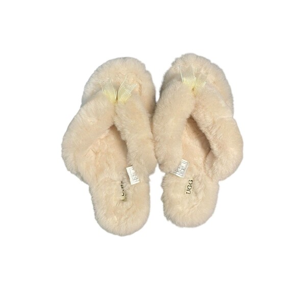 UGG Fluff Flip Flop Women's Size 5 Fuzzy Thong Slippers Slides Ivory Excellent - Picture 6 of 9